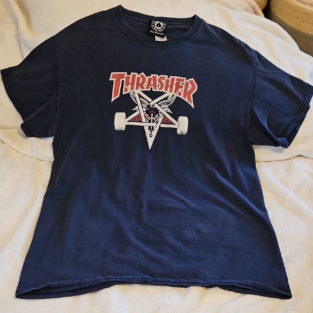 Thrasher Magazine TWO TONE SKATE GOAT LOGO Skateboard T Shirt NAVY Size Med